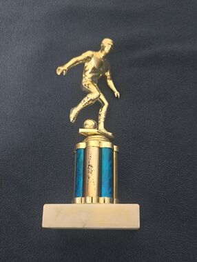 Gold Soccer Player Trophy Figurine with Blue Column